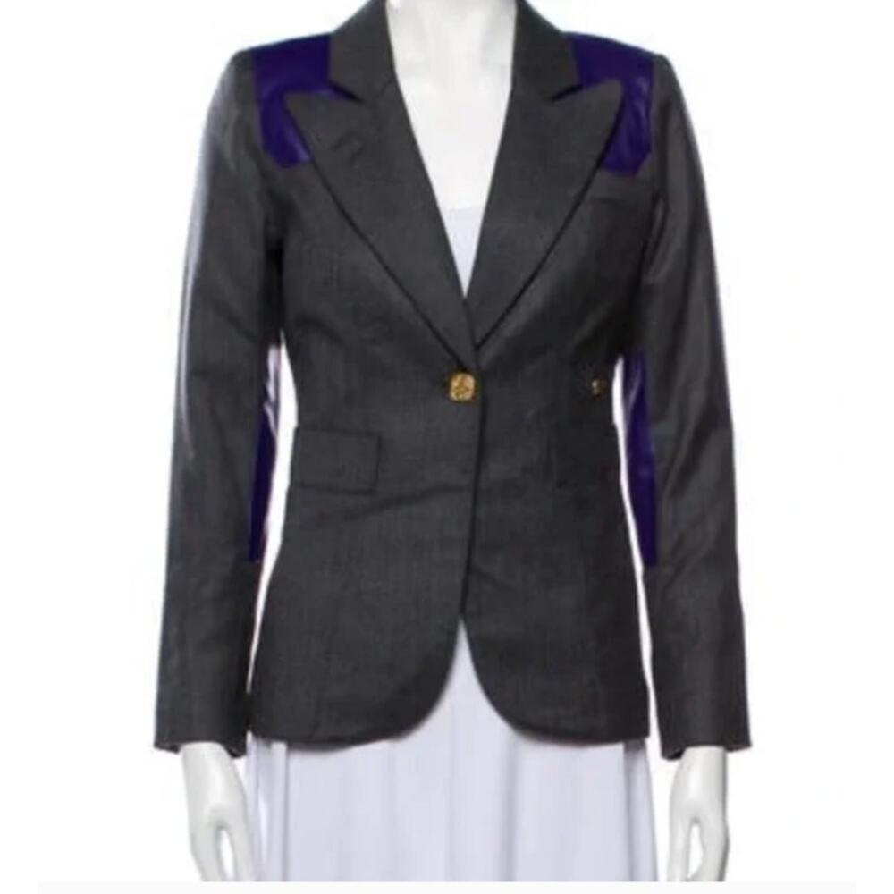 Smythe Tailored Blazer Charcoal Wool Blazer Purple Contrast Panels Womens 2 - Picture 2 of 16